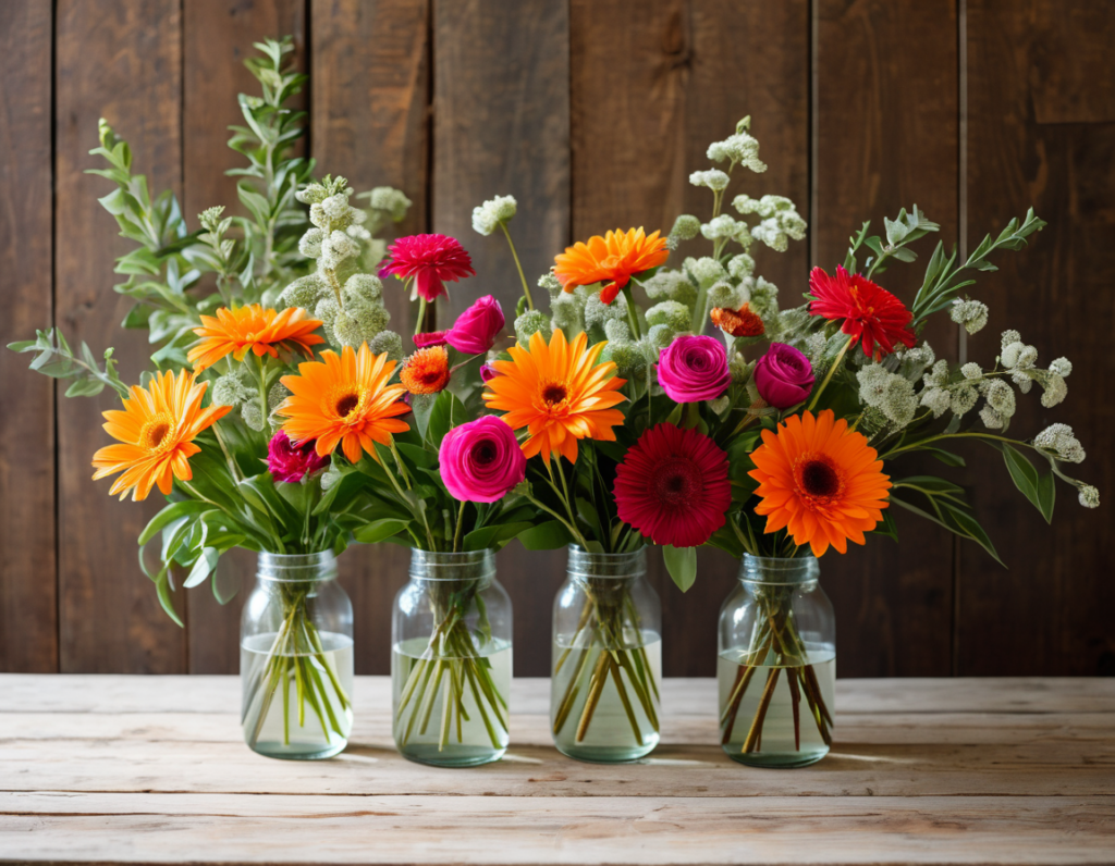 Einfache Blumenarrangements auf einen hellen Holztisch