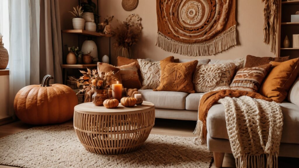 Herbstlich eingerichtetes Wohnzimmer im Boho-Stil