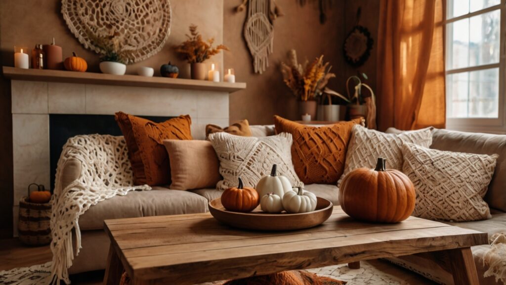Herbstlich eingerichtetes Wohnzimmer im Boho-Stil