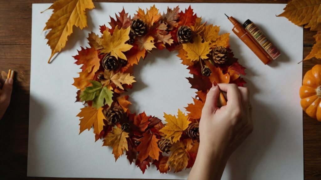 Blätter an einem Herbstkranz kleben